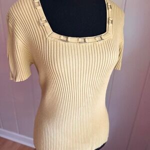 Y2K Requirements ribbed sweater top cream yellow square neck metal hardware